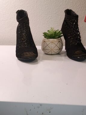 Madeline Black Beaded Open-Toe High Heels